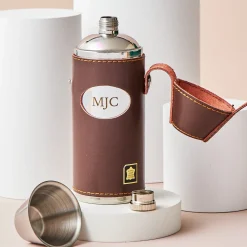 Best Personalised Engraved Brown Leather Hunter Flask with Cups Gifts For Him|Christmas Gifts