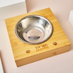 Card Factory Personalised Engraved Large Bamboo Pet Bowl - Paw Print Name and Message