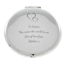 Personalised Engraved Silver Round Compact Mirror - Hearts, Any Message Personalised Jewellery And Keepsakes|Personalised Engraved Gifts