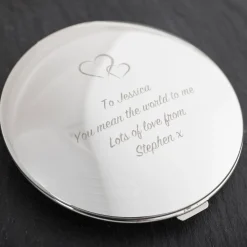 Personalised Engraved Silver Round Compact Mirror - Hearts, Any Message Personalised Jewellery And Keepsakes|Personalised Engraved Gifts