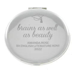 Card Factory Personalised Engraved Silver Round Compact Mirror - Brains & Beauty