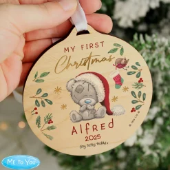 Kids Card Factory Personalised First Christmas Tiny Tatty Teddy Wooden Decoration