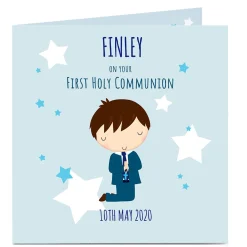 Card Factory Personalised First Communion Card - Blue Stars