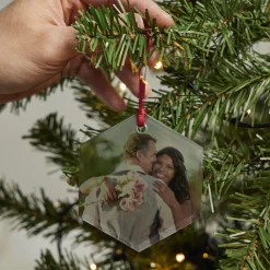 New Personalised Glass Hexagon Photo Christmas Tree Ornament Photo Gifts|Christmas Gifts