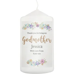 Card Factory Personalised Godmother Floral Watercolour Pillar Candle