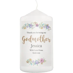 Card Factory Personalised Godmother Floral Watercolour Pillar Candle