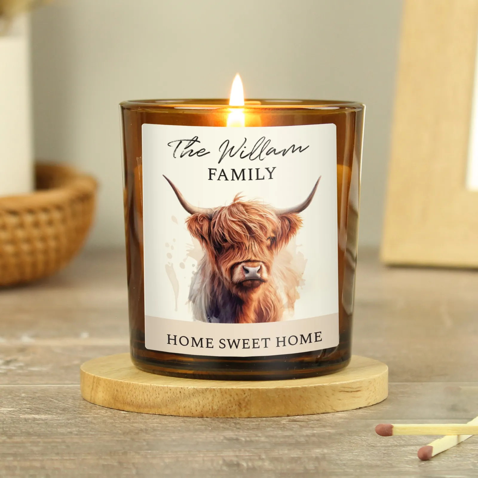 Card Factory Personalised Highland Cow Amber Glass Candle Jar