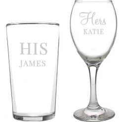Personalised His & Her's Wine & Pint Glass set Personalised Glasses|Glassware