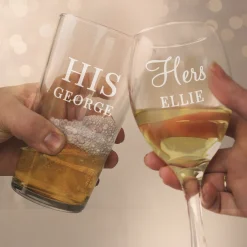 Personalised His & Her's Wine & Pint Glass set Personalised Glasses|Glassware