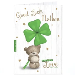 Card Factory Personalised Hugs Bear Good Luck Card - Four-Leaf Clover