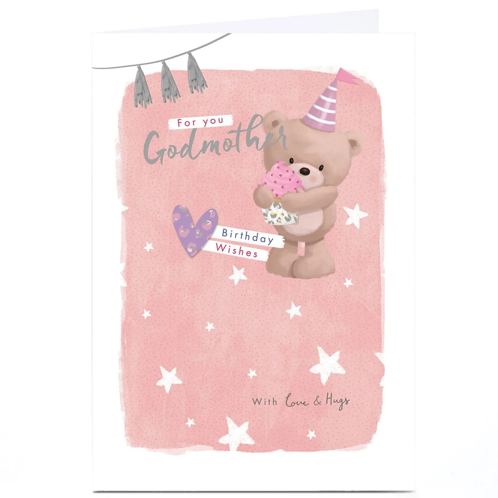 Best Personalised Hugs Birthday Card - Pink Pastels Bear with Cupcake, Godmother Birthday|For Her