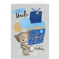 Card Factory Personalised Hugs Birthday Card - Bear with Blue Pile of Presents, Uncle