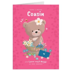 Clearance Personalised Hugs Birthday Card - Hugs With Flower Basket, Cousin Birthday|For Her