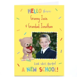 Card Factory Personalised Hugs First Day at School card - Look who started a new school