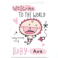 Card Factory Personalised Lindsay Loves To Draw Card - Welcome To The World, Pink