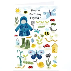 Discount Personalised Lindsay Loves To Draw Birthday Card - Blue Garden Bugs Kids For Kids|Birthday
