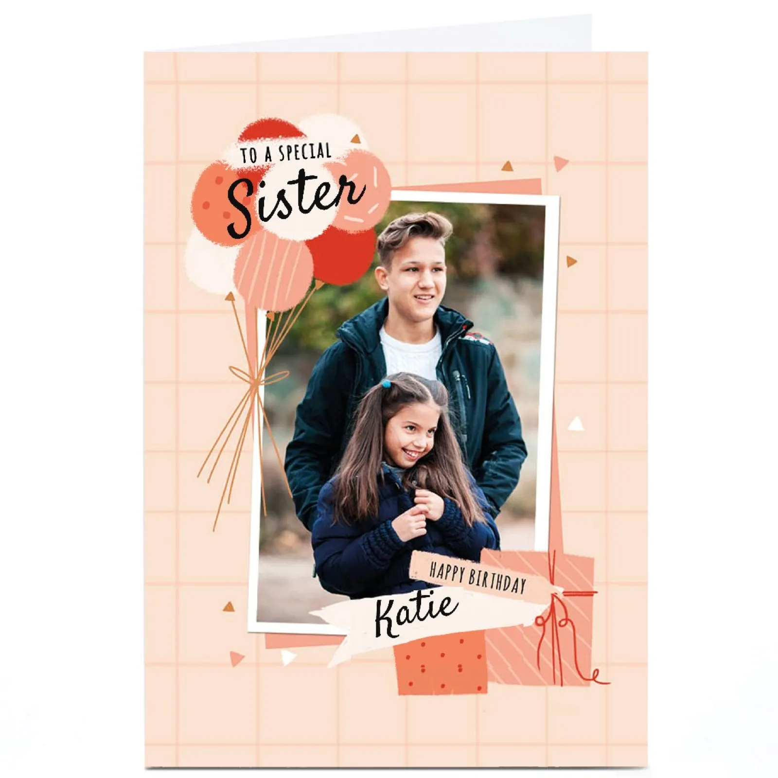 Personalised Little Mono Birthday Card - Sister Peach Balloons, Any Relation For Wife|For Sister