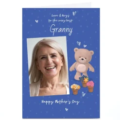Hot Personalised Mother's Day Card - Hugs Bear with flowers - Granny Photo