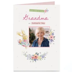 Discount Personalised Mother's Day Card - Bunny with basket of flowers - Grandma Photo
