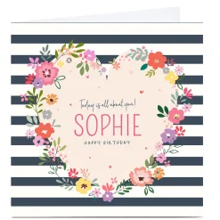 Best Personalised Nikki Upsher Birthday Card - Stripe & Floral Premium Square|Birthday