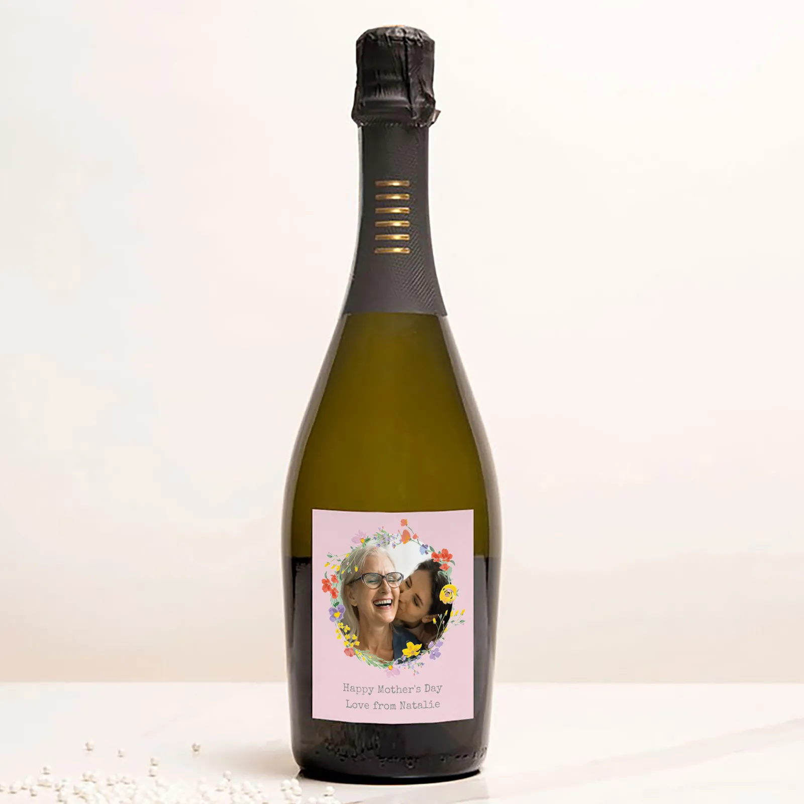 Card Factory Personalised Prosecco - Photo Upload - Pink Circle of Flowers