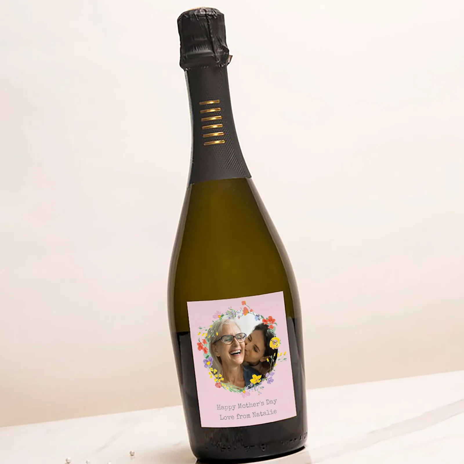 Card Factory Personalised Prosecco - Photo Upload - Pink Circle of Flowers