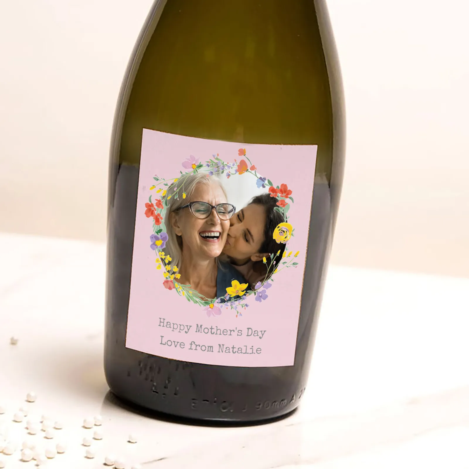 Card Factory Personalised Prosecco - Photo Upload - Pink Circle of Flowers