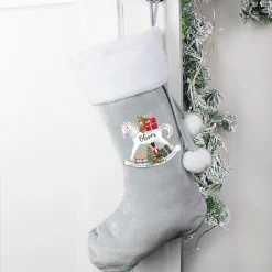 Kids Card Factory Personalised Rocking Horse Luxury Silver Christmas Stocking