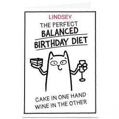 Card Factory Personalised Scrawls Birthday Card - Balanced Cake & Wine