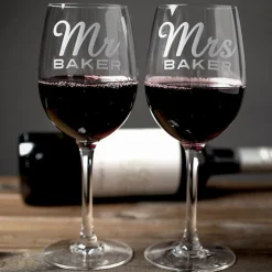 Sale Personalised Set Of 2 Wine Glasses|Glassware - Mr & Mrs Name Wedding
