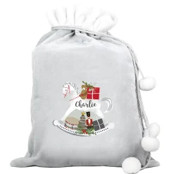Kids Card Factory Personalised Silver Rocking Horse Pom-Pom Christmas Sack