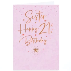 Hot Personalised 21st Birthday Card - Pink Stars and Gold Script, Sister For Sister|For Granddaughter