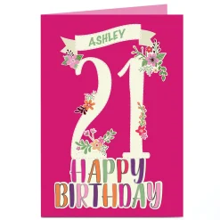 Card Factory Personalised 21st Birthday Card - Floral & Pink