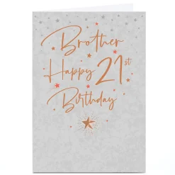 Card Factory Personalised 21st Birthday Card - Silver Stars and Gold Script, Brother