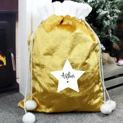 Personalised Star Luxury Pom-Pom Gold Sack Kids Gifts For Kids|Christmas Gifts