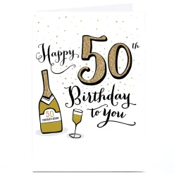 Card Factory Personalised 50th Birthday Card - Gold Champagne Congratulations