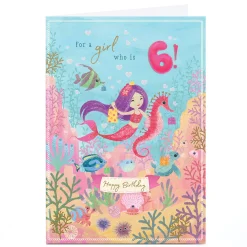 Kids Card Factory Personalised 6th Birthday Card - Mermaid and Seahorse