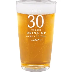 Card Factory Personalised 30th Birthday Pint Glass - Cheers, Drink Up!