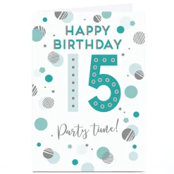 Kids Card Factory Personalised 15th Birthday Card - Party Time Circles and Dots