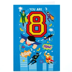Clearance Personalised 8th Birthday Card - Flying Superheroes Kids Special Age|For Kids