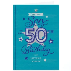 Card Factory Personalised 50th Birthday Card - Blue Stars and Loving Wishes, Son