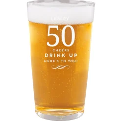 Card Factory Personalised 50th Birthday Pint Glass - Cheers, Drink Up!