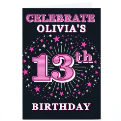Card Factory Personalised 13th Birthday Invitation - Pink Stars