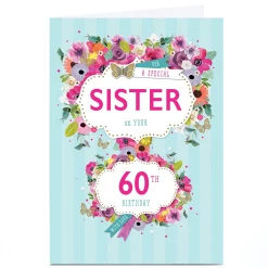 Card Factory Personalised 60th Birthday Card - Bright Flowers and Butterflies, Sister