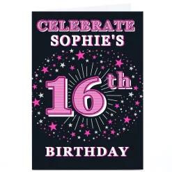 Card Factory Personalised 16th Birthday Invitation - Pink Stars