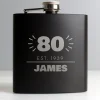 Card Factory Personalised 80th Birthday Hip Flask - Black & Silver