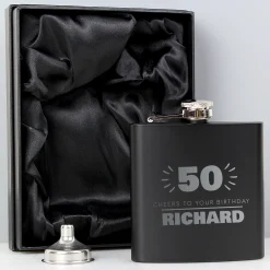 Card Factory Personalised 80th Birthday Hip Flask - Black & Silver