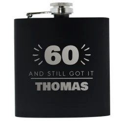 Card Factory Personalised 60th Birthday Hip Flask - Black & Silver