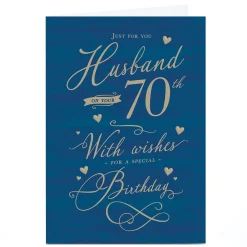 Card Factory Personalised 70th Birthday Card - Navy and Gold Special Birthday, Husband