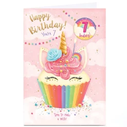 Hot Personalised 7th Birthday Card - Unicorn Cupcake Make a Wish Kids For Granddaughter|For Daughter